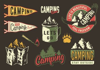 Obraz premium Set of camping and travel emblems or print, patch, including eagle, forest, rock, metal mug, flag, burning match, map and bear footprint