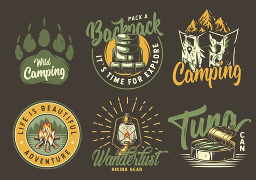Set of camping and travel emblems or print, patch, including bear footprint, rock, map, campfire, lamp, backpack and tuna fish in tin can