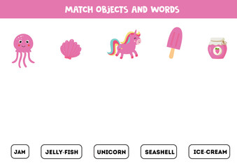 Match pink objects and written words. Logical game for kids. Practicing reading skills.