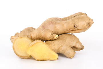 Fresh ginger rhizome isolated on white background.