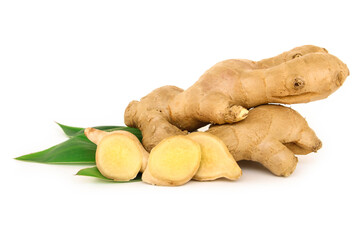 Fresh ginger rhizome isolated on white background.