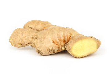 Fresh ginger rhizome isolated on white background.