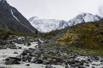 Fototapeta na wymiar view of the snow-capped Belukha peak from the shore of lake Akkem