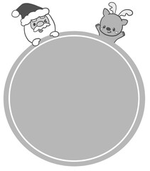 かわいいサンタクロースとトナカイの色なし手描き風イラスト円形シンプルフレーム