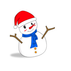 Snowman with hat and scarf isolated on white background. 