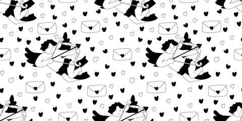 Seamless pattern decorated with cupids, envelopes and hearts. Valentine's day decor. Great for fabrics, wrapping papers, wallpapers, covers. Doodle style illustration black outline.