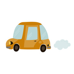 Illustration of cute orange childrens car on a white background. Round hood, trunk, one door of a retro car. for design, children's print for a boy. hand drawn in flat style, vector
