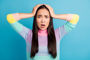 Close-up portrait of attractive irritated annoyed girl bad negative news fail isolated over bright blue color background