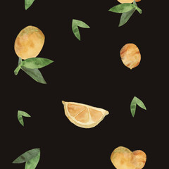 Pattern with lemons and leaves on black background