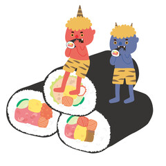 大きな恵方巻の上に乗って恵方巻を食べる赤鬼青鬼