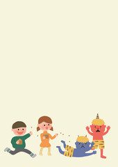 豆まきする子供たちと逃げる赤鬼青鬼　フレーム