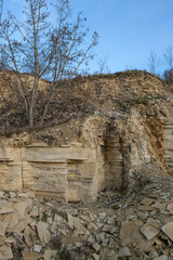 Fototapeta premium Felswand im Jura-Steinbruch mit Abbau-Kante von Kalkstein (Hochformat)