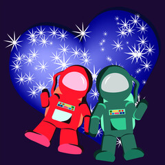 two astronauts in love on the background of the planet of lovers