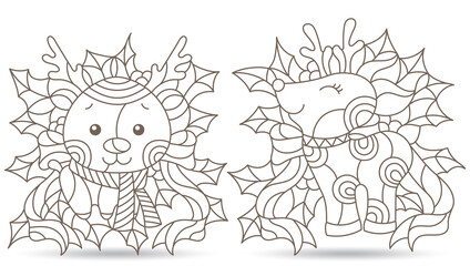 Set of contour illustrations in stained glass style with toy deers and Holly branches, dark outlines isolated on a white background