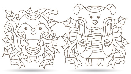 Set of contour illustrations in stained glass style with toy fox, bear and Holly branches, dark outlines isolated on a white background