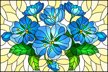 Illustration in stained glass style with a branch of blue flowers, buds and leaves on a light background