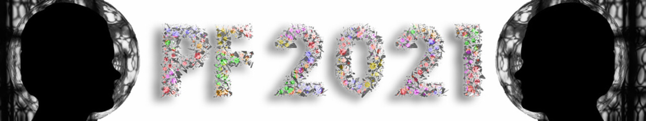 Happy new year 2021 card design with head silhouette. Happy new year 2021. Glowing font on an abstract background. Coronavirus themed font. Social distance. Covid 19 happy new year theme.