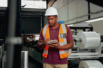 Expert male worker in uniform working in a modern factory using digital tablet to check on machinery - latest technology in factory