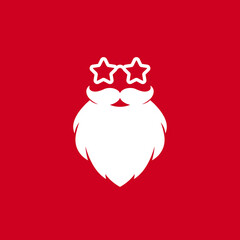 Party Santa poster. Claus face silhouette with beard and party star glasses on red background.