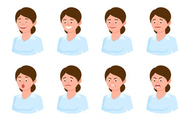 Emotional face cartoon character young office woman side view design vector illustration set. Happy, smiling, upset, surprised, sad, angry, shouting hair lady person flat style concept on white
