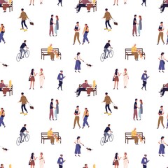 Seamless pattern with crowd of people walking on the city street. Scene of recreation and rest outside. Characters sit on benches, skateboarding, cycling, talking. Flat vector cartoon illustration