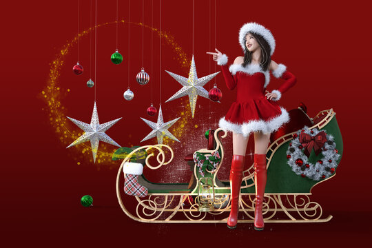 可愛いソリの前で光る綺麗なクリスマスの飾りと進行方向を指差すえくぼがかわいいサンタ服の女性
