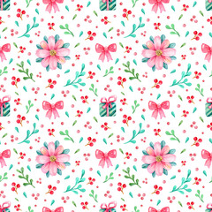 watercolor seamless festive pattern in pink green tones. suitable for packaging design, textiles, printed products, tableware.