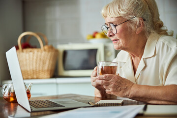 Nice old woman drinking tea and using notebook at home