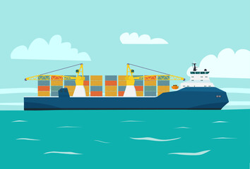Modern cargo ship container with cranes in sea. Vector flat style illustration.