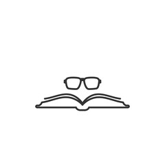 Black thick opened book with round glasses. Icon Isolated on white.