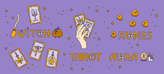Fototapeta premium Logo for a tarot reader, runes, print for souvenirs, a set of drawings about tarot card. Fortune telling on tarot cards, fortuneteller, witch, female hand, magic, occultism, prediction, esoteric