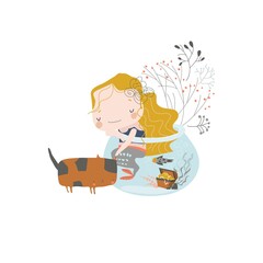 Cute mermaid swimming in aquarium and play with cat