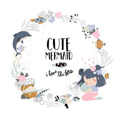 Cartoon wreath with cute little mermaid and sea elements