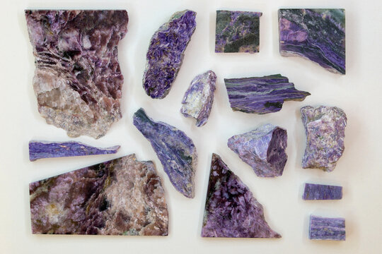 Samples of the rare mineral charoite are polished and not from the only deposit in the world in Russia.