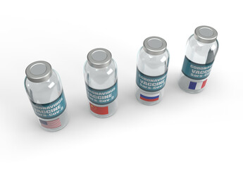 Coronavirus vaccine bottles concept with country flags on white background
