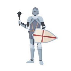 Medieval knight standing in armor holding shield and club weapon. Armored warrior of Middle Ages with mace isolated on white background. Chivalry figure. Flat vector illustration