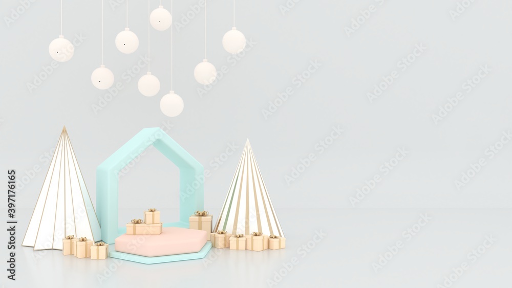 Poster a serene decorative scene featuring pastel-colored tents and a minimalistic structure against a soft