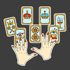 Logo for a tarot reader, print for souvenirs, a set of drawings about tarot card. Fortune telling on tarot cards, fortuneteller, witch, female hand, magic, love spell, occultism, prediction, esoteric