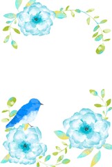優しいタッチの幸せを運ぶ青い鳥とアネモネとユーカリのフレーム