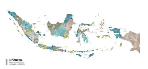 Fototapeta na wymiar Indonesia higt detailed map with subdivisions. Administrative map of Indonesia with districts and cities name, colored by states and administrative districts. Vector illustration.