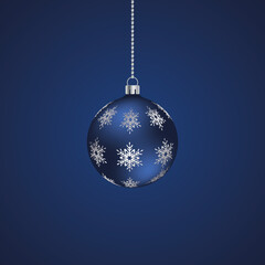 Christmas tree toy. Glass ball. Ornament from silver snowflakes. Colored vector illustration. Isolated blue background. The Christmas decoration is hung on a chain. Delicate decor.