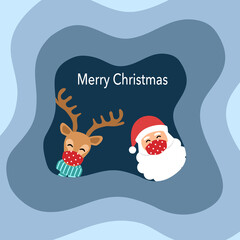 Reindeer and Santa Claus wearing red medical face mask in blue layer background. Merry Christmas festival celebration in Covid-19 Coronavirus outbreak concept vector. Season greetings.