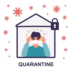 quarantine at home.People tired of quarantine.Quarantine to prevent coronovirus infection.illustration on distress, depression and fatigue in home isolation in covid epidemic. angry man from isolation