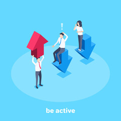 isometric vector illustration on a blue background, a man holds a red up arrow above his head and other people sit on the blue down arrows, everyday life is active in business