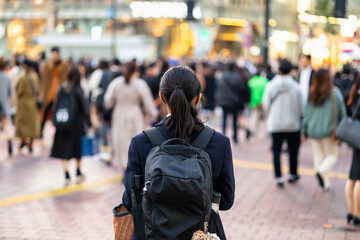 渋谷駅前を歩く制服の女子高生の後ろ姿