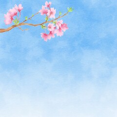 桜のひと枝と青空の背景イラスト