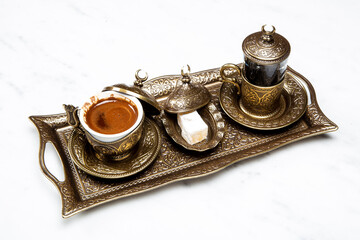 Turkish coffee, sherbet (traditional drink) and Turkish delight ready to serve.