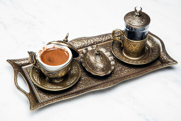 Turkish coffee, sherbet (traditional drink) and Turkish delight ready to serve.