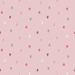 Cute seamless pattern with repeated hearts. Trendy texture with a jumble of hearts. Flat design endless chaotic texture of tiny hearts. Endless romantic or for children print. Vector illustration.