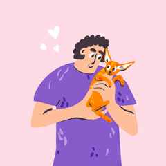 Man playing with lovely dog  cartoon illustration. Cute domestic animal friend hand drawn doodle banner design. Veterinary concept art.